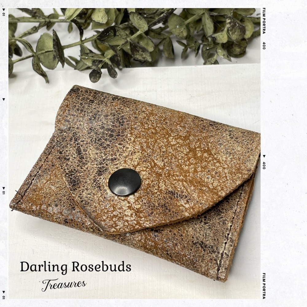 Rustic mixed colors Genuine Leather Card Holder with snap closure. Made in USA